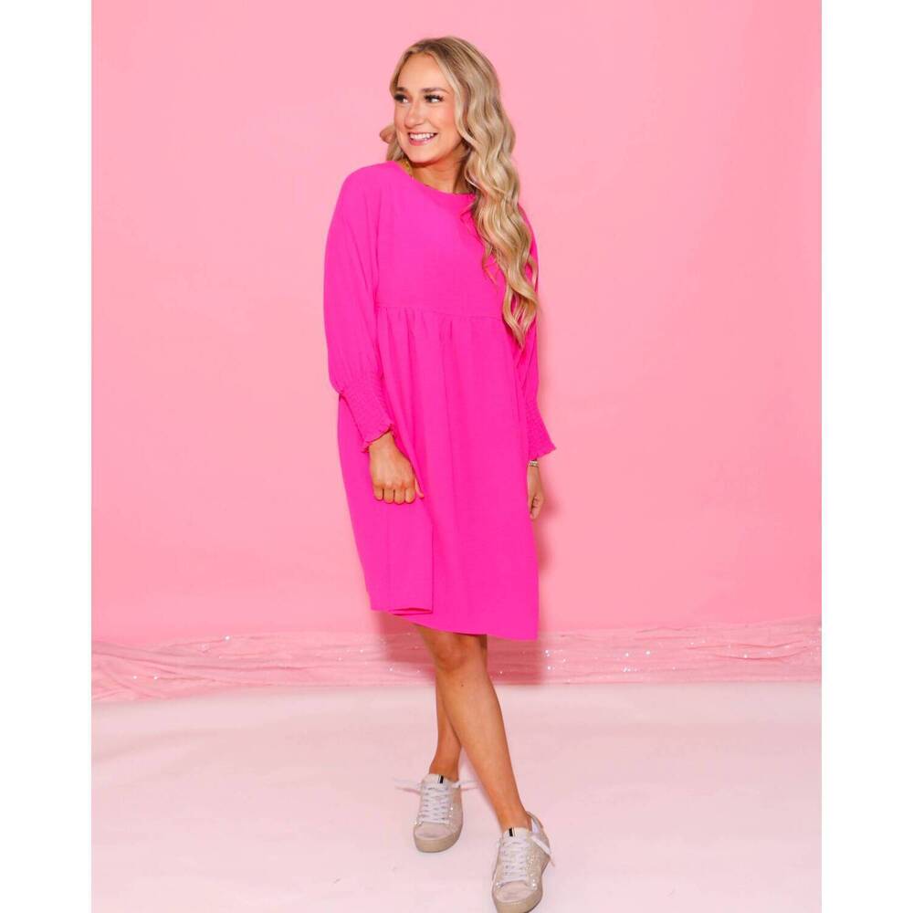 NEW IVY JANE shirred sleeve dress in hot pink